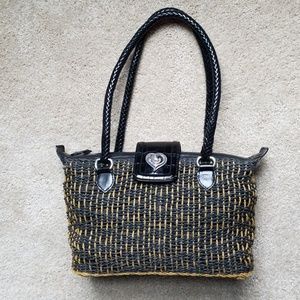 Brighton black and tan straw and leather satchel.